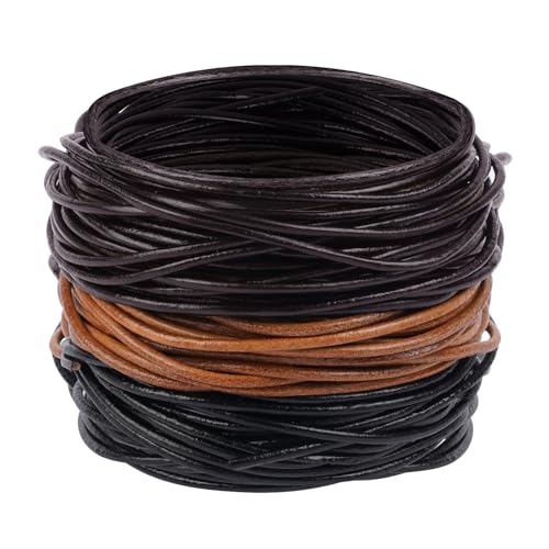 AUAUY 3 Rollen 5M x 2mm Lederschnur Lederstil-Band aus echt Leder, Gute Qualität Lederband Kette, Robust Lederriemen, Reißfeste Lederschnur für Armband Ketten Schmuck DIY Handwerk-Schwarz,Braun,Natur