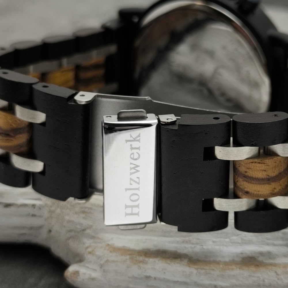 Holzwerk Germany Orologio da uomo di design, realizzato a mano, in legno naturale, cronografo, analogico, al quarzo, marrone e nero, con data, quadrante in legno