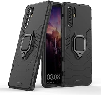 Phone Case for Huawei P30 Pro with Tempered Glass Screen Protector Cover and Magnetic Ring Holder Stand Kickstand Slim Hard Cell Accessories Huwai Hawaii Hwauei Haweii P 30 30pro Men Women Cases Black
