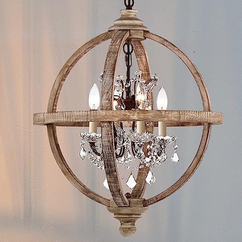 Cawabien 4-Lights Metal and Wood orb Chandelier,Rustic Globe Chandelier Style with Clear Crystals,Vintage Wooden Kitchen Light Fixture Ceiling for Dining Room Bedroom Foyer (20'')
