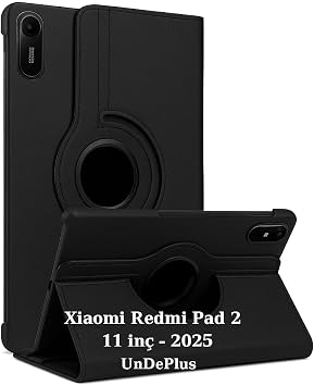 UnDePlus Xiaomi Redmi Pad 2 11inç 2025 ile uyumlu Kılıf Dönen Tablet Kilifi Ekran Koruyucu+Kalem Siyah