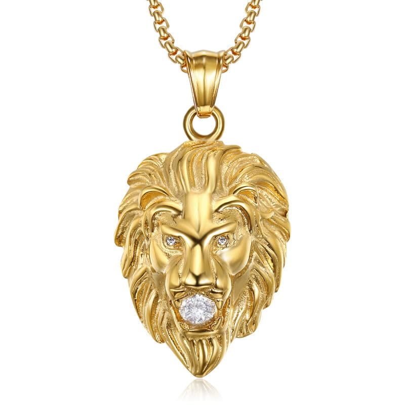 BOBIJOO Jewelry - Pendentif Tête de Lion Homme Femme Faux Diamants Yeux Bouche Acier Inoxydable Or Plaqué Doré Chaîne