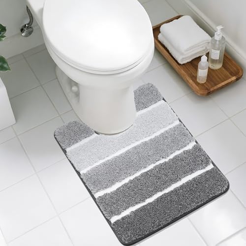 COSY HOMEER Toilet Rugs U-Shaped 24"x20", Ultra Soft Absorbent Bath Mat with Non-Slip TPR Backing, Machine Washable Shaggy Rug for Toilet, Grey & Whit