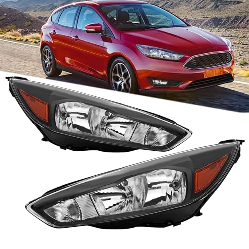 Headlights Assembly Compatible with 2015 2016 2017 2018 Ford Focus S | SE | ST Halogen Head Light Headlamp w/Bulb Black Housing Amber Corner