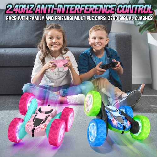 Image of Hamdol Pink Remote Control Car for Girls, Double Sided with Shining Headlights & Wheel Lights, Girl Princess Toys, Rechargeable Toy Car for 6-7 6-8 9 10-12 Year Old Girls Birthday, Valentines Gift