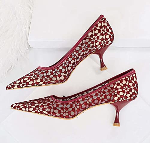JOEupin Womens Low Kitten Heels Pumps Lace Closed Pointed Toe Slip on Dress Wedding Party Shoes4