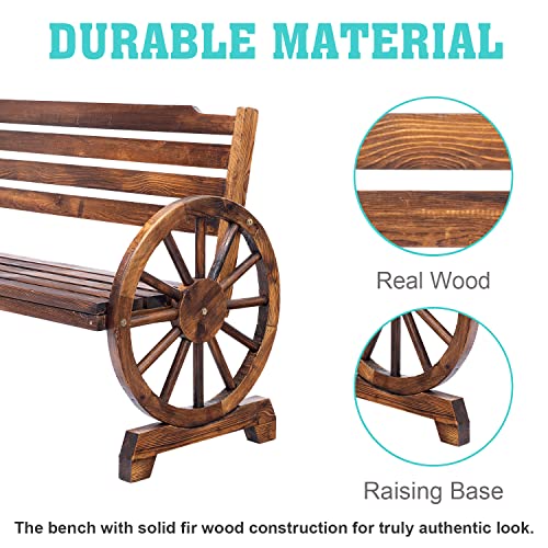 Mavalous Wagon Wheel Bench For Outdoor, 3-Person Seat Wooden Bench With Backrest, Rustic Benches Foroutside, Porch, Garden, Brown #TOP5