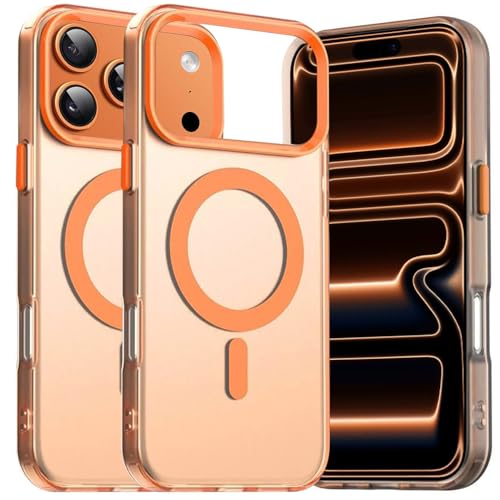 Image of VONZEE Translucent Matte Back Cover for iPhone 17 Pro Max Case, Shockproof Anti-Fingerprint Phone Cover with Magnetic Wireless Charging, MagSafe Compatible Case for Men & Women (Orange)