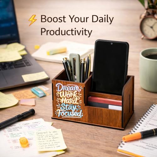 Image of Handcrafted Wooden Pen Holder & Mobile Stand | Desk Organizer for Office, Home & Study Table | Pen Pencil Stand with Card Holder (6.75x3.75x2.5 Inch) (Dream Work Hard Stay Focused)