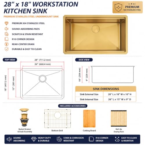 Image of 28 Inch Gold Undermount Kitchen Sink, 16 Gauge T304 Workstation Sink
