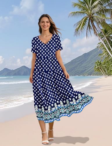 Image of YESNO Women's Summer Maxi Dresses Casual Floral Short Sleeve V Neck Boho Beach Vacation Swing Dress with Pockets EVF