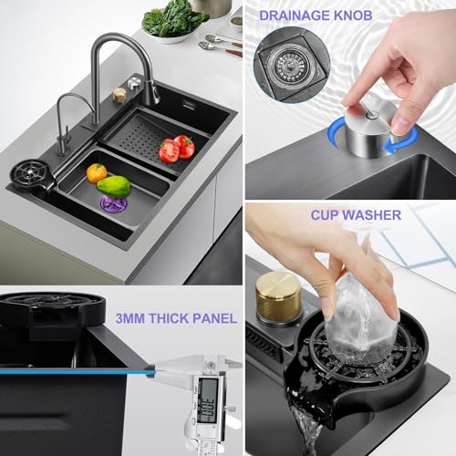 Évier de cuisine à cascade flying rain noir avec robinet extractible - 5