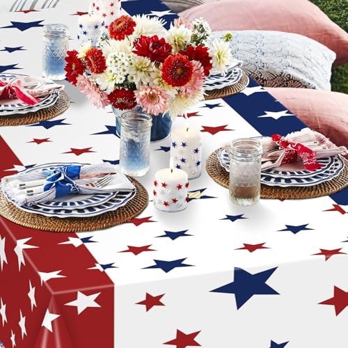 Image of Gistome 3 Pack 54 x 108 Inch 4th of July Plastic Tablecloths, Red White Blue Stars Disposable Rectangle Table Covers for Independence Day Memorial Day Party Decorations