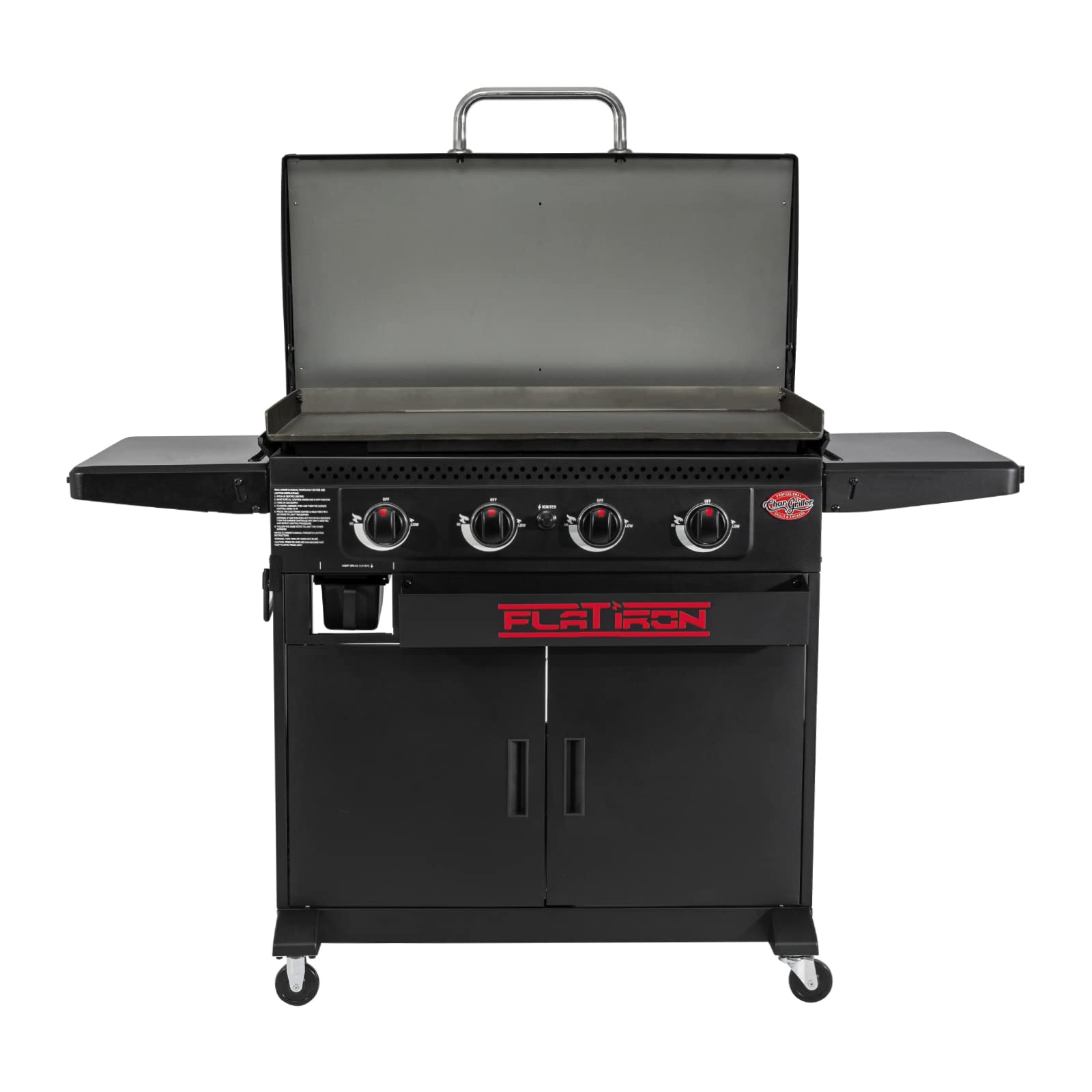 Char-Griller® Flat Iron 4-Burner Propane Gas Flat-Top Griddle with Steel Griddle Top, Closed Cart with Storage, Wind Guards and Instant-Ignition, 775 Cooking Square Inches in Black, Model 8536