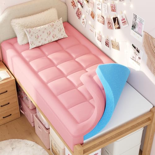 Image of ELEMUSE Twin XL Dorm Dual Layer 3 Inch Memory Foam Mattress Topper | College Essentials for Girls Pink, 2 Inch Cooling Gel Foam with 2 Inch Plush PillowTop, Relief Comfortable Support