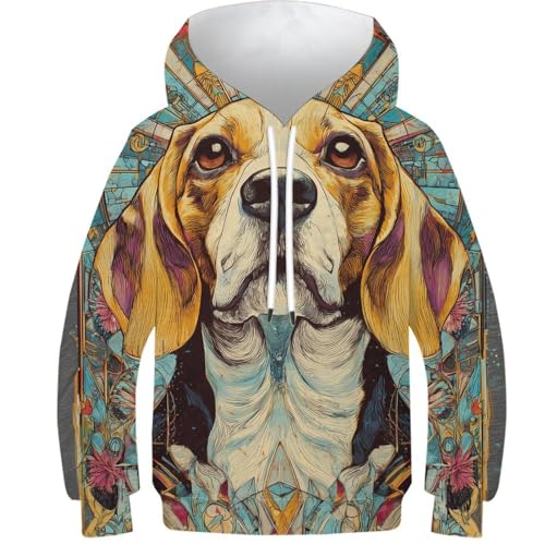 Pull chaud à capuche imprimé 3D Beagle en vitrail pour enfant de 11-13 ans avec poches