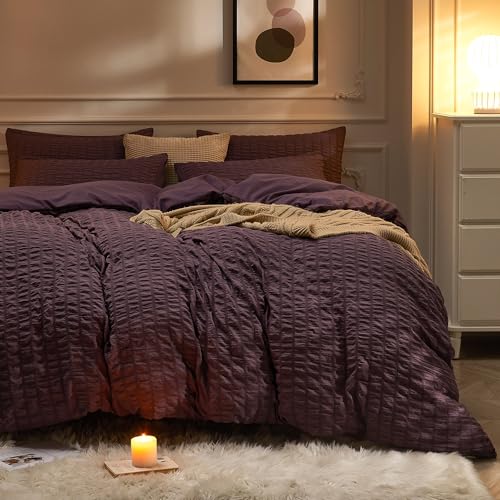Image of JELLYMONI Seersucker Duvet Cover Set King, 3pcs Purple Polyester | In Spacious Master, Couples & Pets, Crinkled Texture, Oeko-Tex Certified, 8 Corner Ties & Hidden Zipper