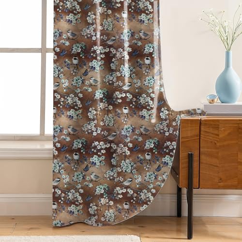 Image of LINENWALAS Printed Blackout Curtains for 5 Feet Window | Set of 2 | Charming Bird & Floral Drapes | Thermal Insulated, Room Darkening Panels with Grommet Hanging for Living Room (Brown Blossom)