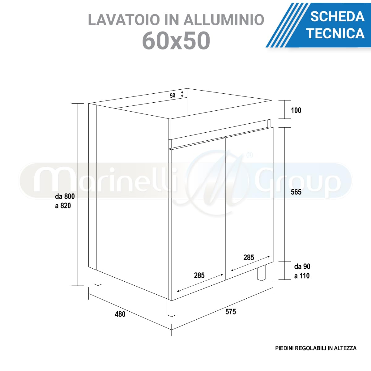MarinelliGroup MOBILE lavatoio in ALLUMINIO con vasca in CERAMICA 63 X 51 X 86 con foro troppo pieno ALMA
