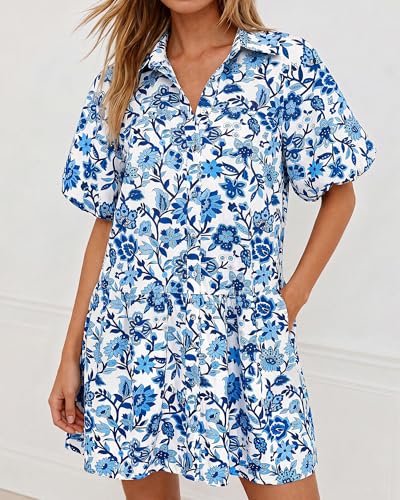 PRETTYGARDEN Womens Summer Dresses 2026 Casual Puff Sleeve Button Down Mini Shirt Dress Boho Floral Babydoll Sun Dress(White Blue Flower,XX-Large) — view 6