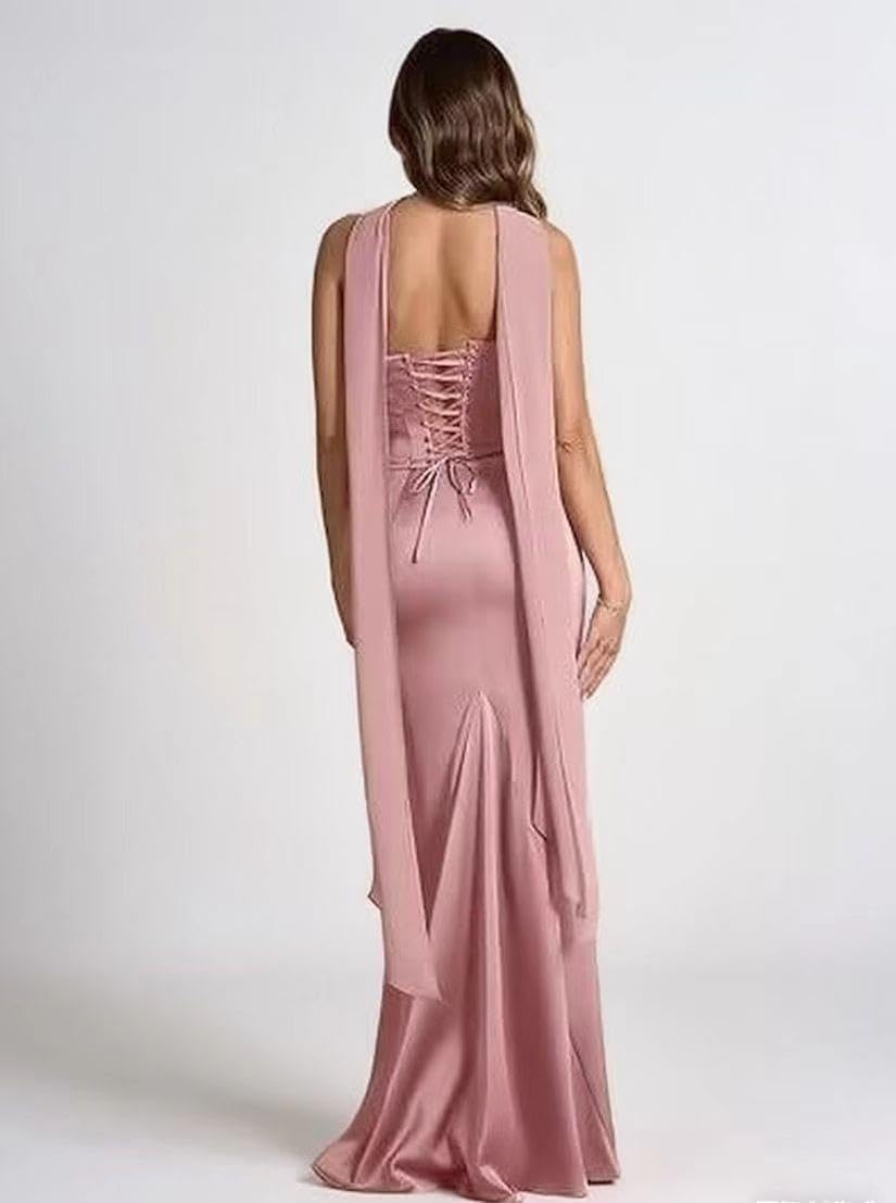 Long Pleated Bridesmaid Dresses with Scarf Satin Mermaid Prom Dress Strapless Formal Party Gowns YH104