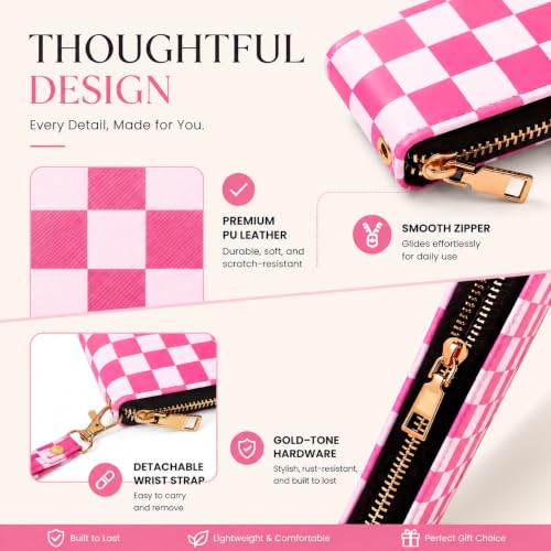 Image of Pink Checkered Wallet for Women, Zip Around Wristlet Wallet | Detachable Wrist Strap, Large Capacity for Phone, Cards, Cash & Travel