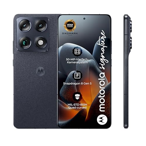 Motorola Signature Smartphone (6 78-Super-HD+-Display Corning Gorilla Glass Victus2 4X 50-MP-Kameras 16/512GB 5100mAh 90W-TurboPower + 50W kabelloses Aufladen) Pantone Carbon inkl. Cover