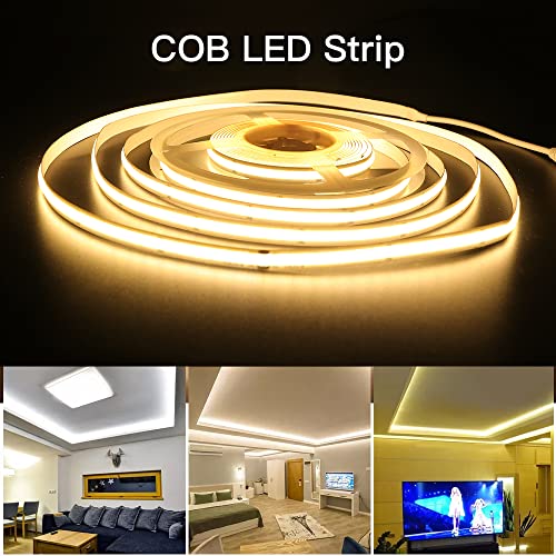 Wisada Dimmbar COB LED Streifen 3m, DC12V 320 LEDs/m Flexibler LED Lichtband, Innenbereich Nicht Wasserdichte Warmweiß COB LED Band Lichterketten mit Berühren Dimmer & Netzteil für Hausschrank