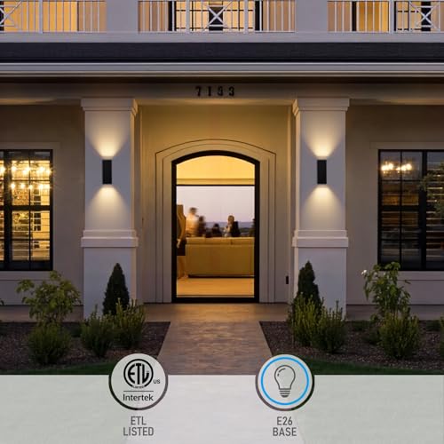 Image of LEONLITE 2-Pack 12 inch Outdoor Rectangular Wall Light, Up and Down, E26 Base | Modern Porch Patio Lights, Waterproof Wall Sconce, Exterior Light Fixture Wall Mount, Aluminum, Matte Black, ETL Listed