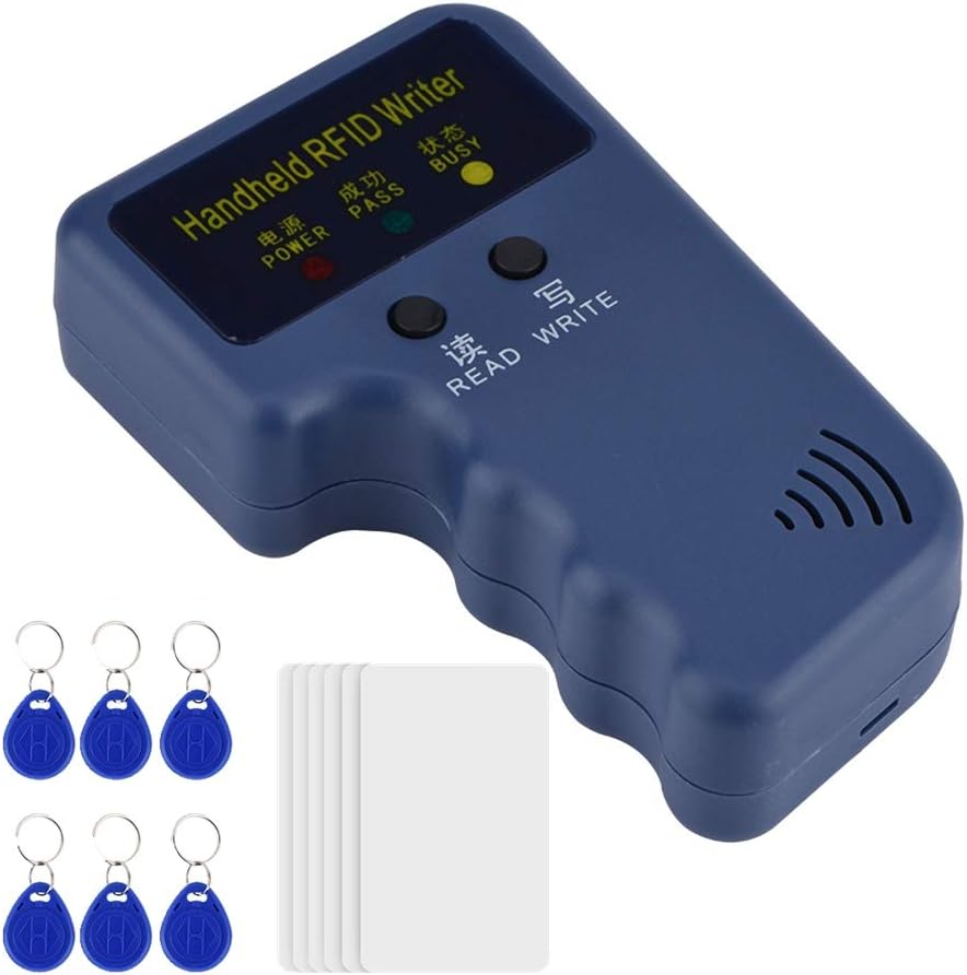 125khz RFID Reader Writer RFID Card Copier EM4100 EM410X Handheld RFID ID Card Duplicator with with 6 ID Cards and Tags, for for Community, School, Office, etc