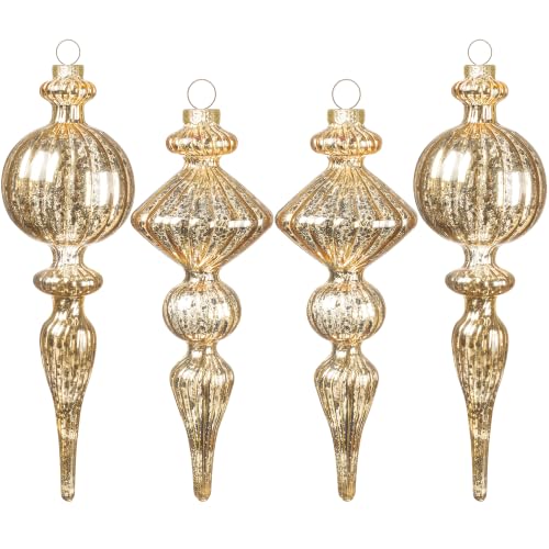KI Store Mercury Glass Finial Christmas Ornaments Champagne Gold 4pcs 8-Inch Large Hanging Christmas Tree Decorations for Xmas Tree Décor