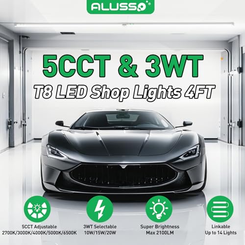 Image of ALUSSO 4FT LED Shop Lights with 5CCT Selectable-2100LM T8 Integrated Fixture, 10 Pack, 2700K-6500K Adjustable Color Temperature, Corded Electric with On /Off Switch for Garage /Workshop