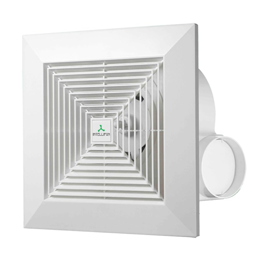 INTELLIFAN Ceiling Mounted Exhaust Fan 200×200 mm Cutout | 250 mm ABS Front Panel | 100 mm Duct Size | Cassette Style Ventilation Fan for Bathroom & utility spaces
