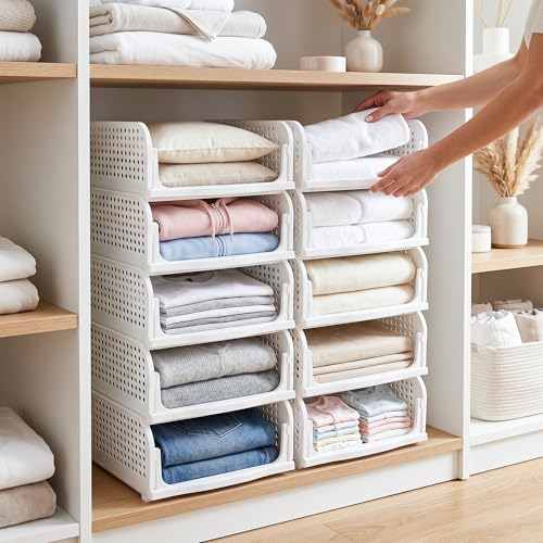 Image of VERAT 10 Pieces Storage and Organisers /Wardrobe Organizer Storage /Plastic Wardrobe /Cloth Adjustable for Foldable /Clothes Organizer Foldable Shirt /Almirah /Cupboard /Cupboard Stackbale Clothes(White)