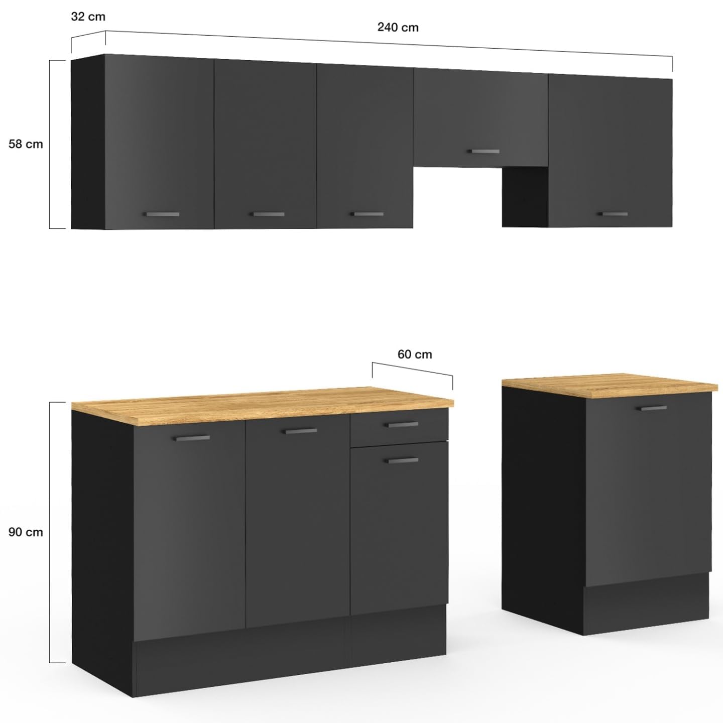 IDMarket - Cocina completa SUBTIL 240 cm con encimera negra de 7 elementos y tapa de madera