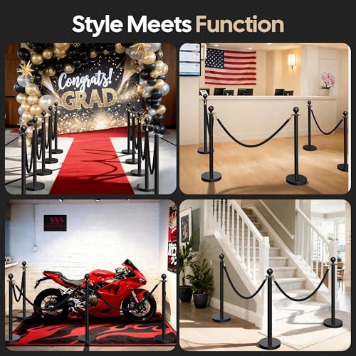 Image of 8 Pack Black Stanchions and Velvet Ropes Set, Stainless Steel Crowd Control Barriers, 6Pcs Black Ropes and Poles for Party Supplies,Photobooth Accessories, Prom,Birthday,Business,Wedding, Museums