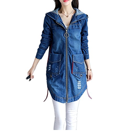 Kaachli Women's Denim Jacket Long Zipper Ripped Blue Cotton Jeans Coat Hoodie (XXL, Blue02)