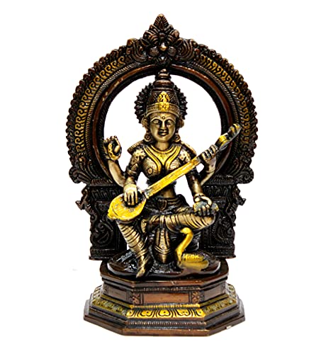 ESPLANADE Brass Saraswati Maa Murti Idol Statue Sculpture for home decor and temple - 9.75" Inches - Multi (Ancient Brass)