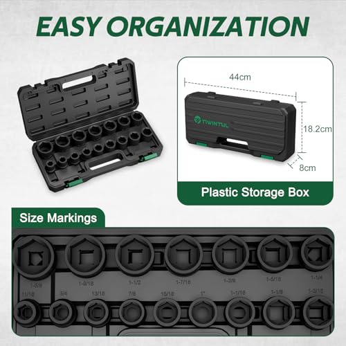 Image of 3 /4 Inch Drive Impact Socket Set, 16 Pieces SAE 11 /16 inch to 1-5 /8 inch | CR-MO Steel, 6 Point, Heavy Duty Impact Socket Set for Large Vehicle and Equipment Maintenance