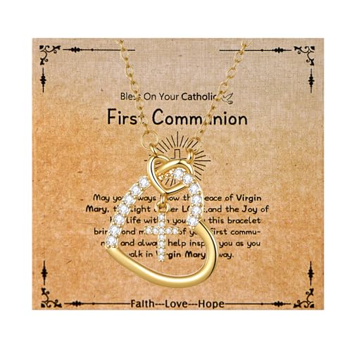 JewelryWe Collar de corazón con cruz para mujer: collares con colgante de circonita de fe para hijas, nietas o seres queridos, joyería religiosa adecuada para primera comunión, Pascua, cristianismo