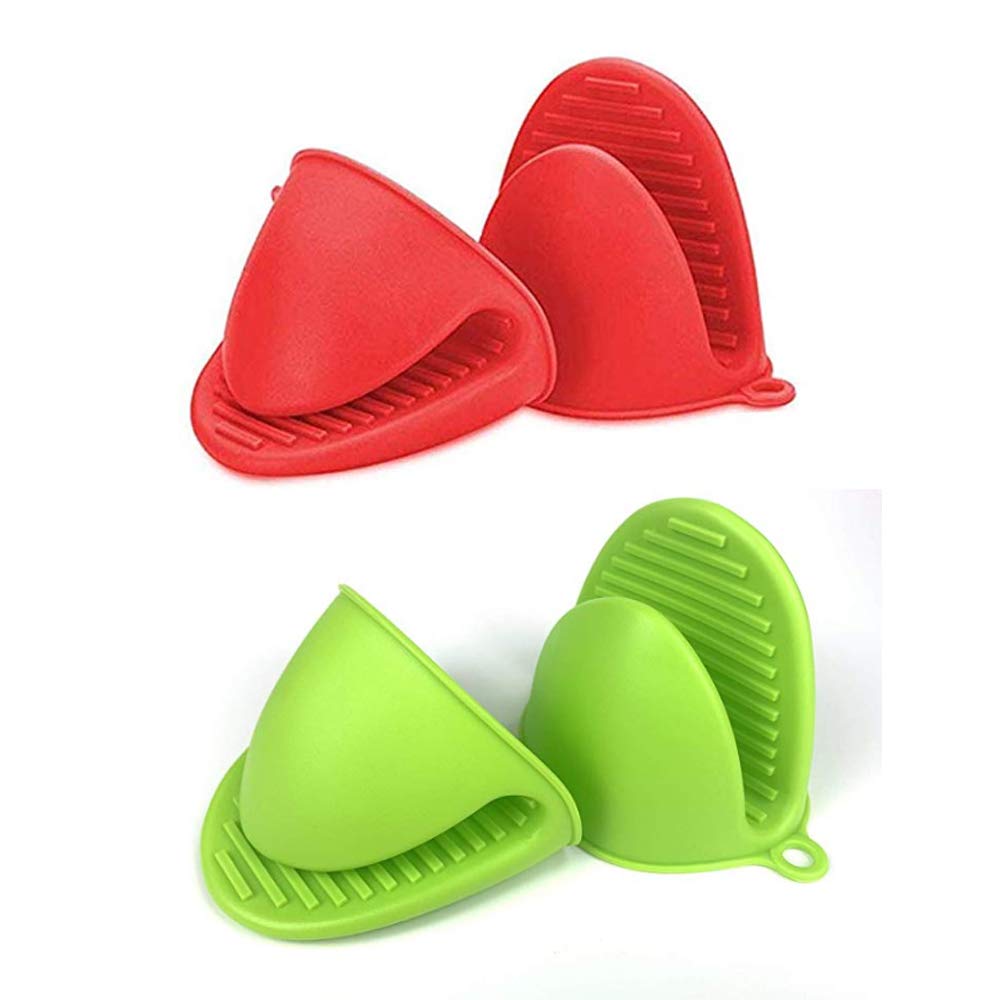 Silicone Pot Holder Oven Mitt,4PCS Mini Oven Mitts Gloves Heat Resistant Cooking Pinch Mitts Potholder for Kitchen use as Baking Holder (Red+Green)