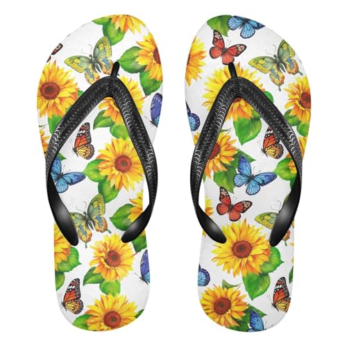 Butterfly Sunflowers Floral White Flip Flops for Beach Thong Sandals Anti-slip Lightweight Shower Shoes for House Indoor Outdoor