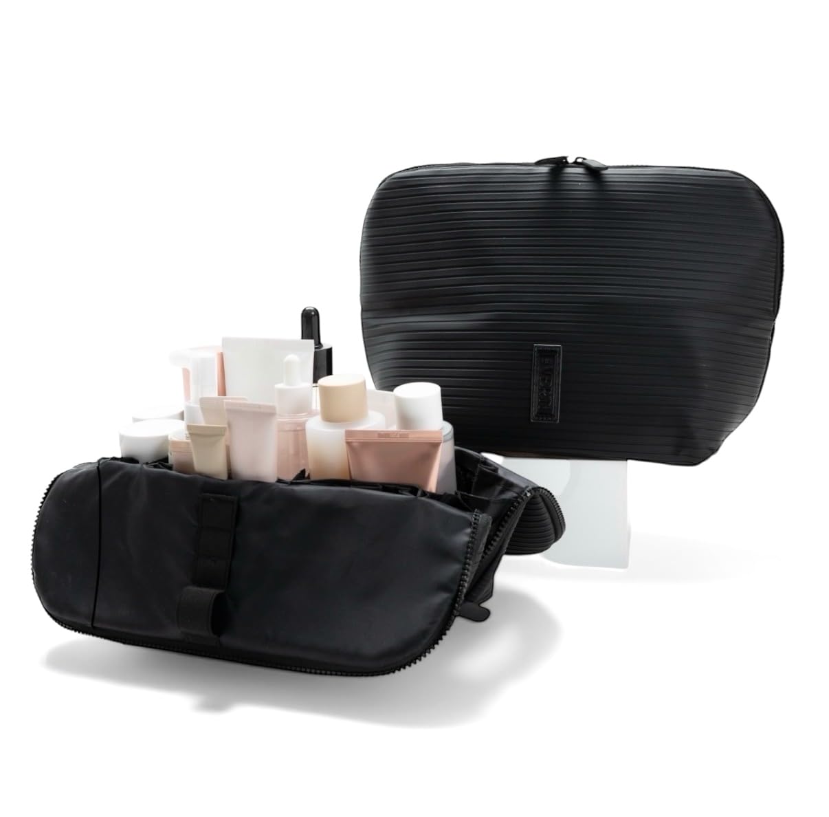 Vertikale wasserdichte Make-up- und Kulturbeutel, Reise-Organizer mit 23 Fächern, aufrecht, zusammenklappbar, für Hautpflege, Toilettenartikel und wichtige Dinge, Onyx, Medium, Modern