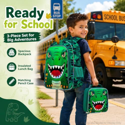 Image of 16 inch Dinosaur Backpack for Boys, 3Pcs Dino Kids Bookbag with Lunch Box, School Backpacks for Elementary Preschool Kindergarten (Green)