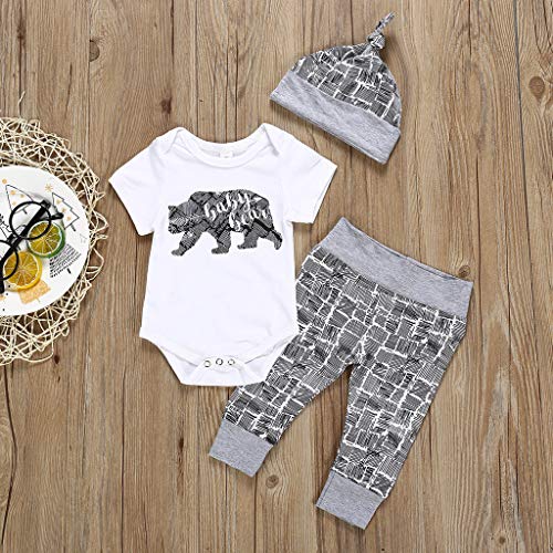 (0-18 Months) Newborn Infant Baby Boy Clothes Bear Letter Romper+ Pants+Hat 3Pcs Outfits Set Infant and Toddler Short-Sleeved Bear Print Hakama + Gray Trousers + Hat Three-Piece Suit - Thumbnail 6