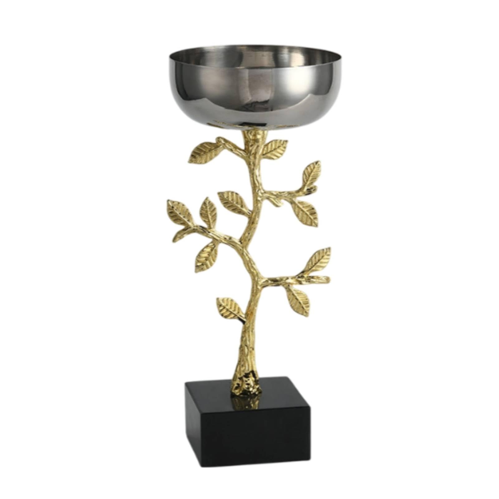LOVIVER Portacandele Portacandela Candelabro Candeliere in Lega con Coppa in Acciaio Inossidabile E Base Quadrata Nera Stelo Dorato con Foglie Tavola Mensola, S
