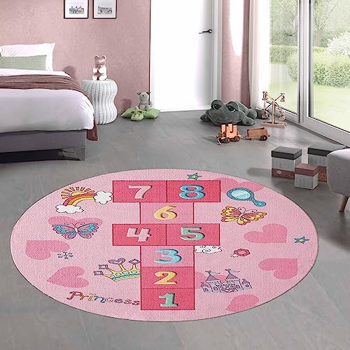 CARPETIA Hüpfkästchen Kinder-Spielteppich mit Herzen Krone & Prinzessinnen Burg in rosa, 160 cm...