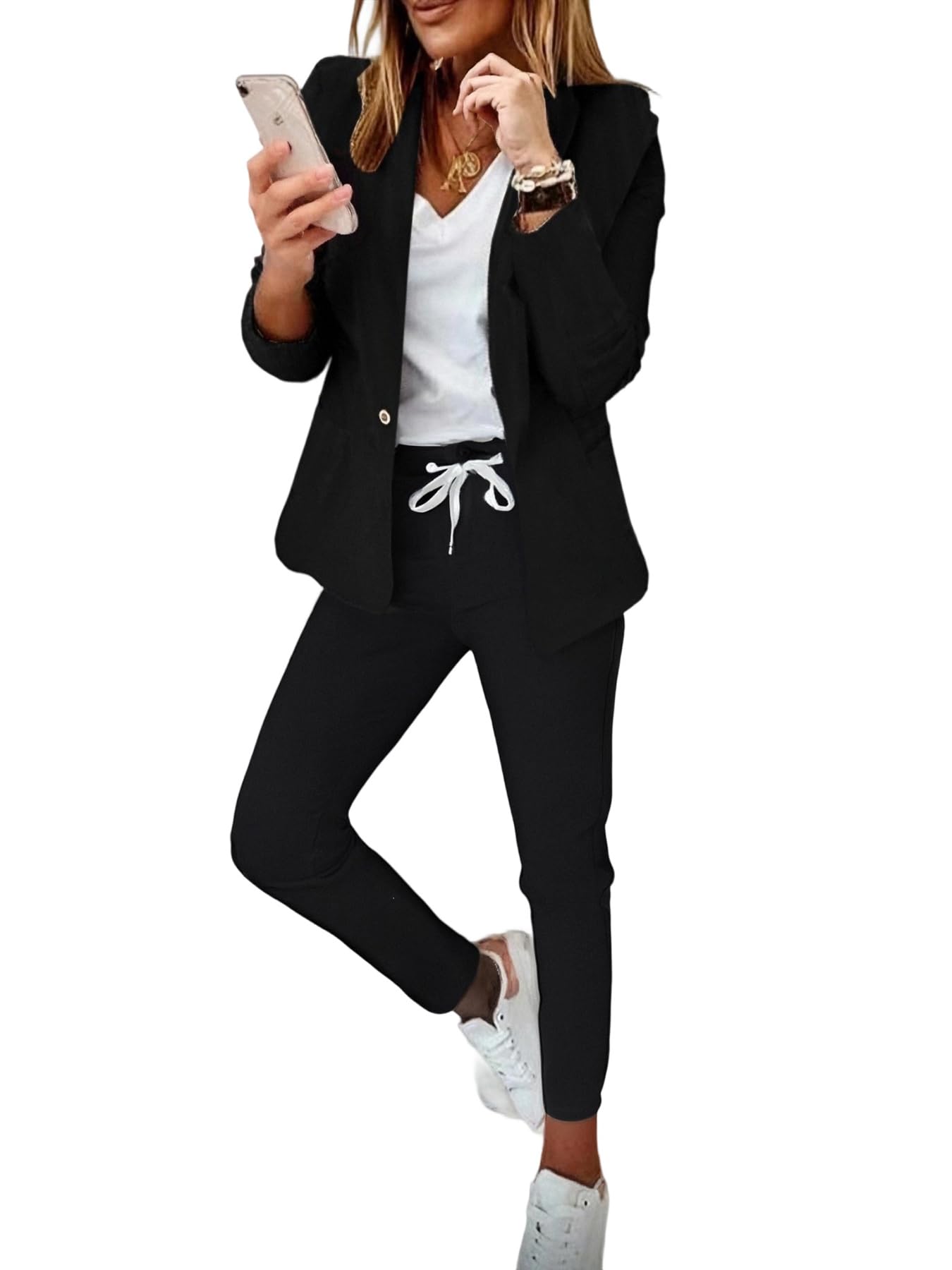 CHICME Womens Suits 2 Piece Set Notched Collar Blazer and Drawstring Pants Suits Set Casual Business Outfits