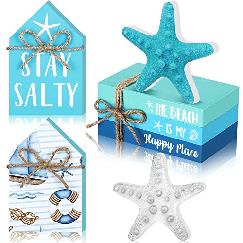 Blulu 5 Pcs Starfish Beach Tiered Tray Decor Coastal Summer Decoration for Home Ocean Blue Table Centerpieces 3 Faux Books Bundle with Twine Rustic Farmhouse Wood House Sign for Office Tabletop Shelf