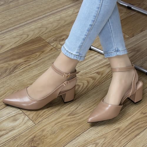Women's Closed Pointed Toe Slingback Pumps with Adjustable Buckle Ankle Strappy Heels Low Short Block Chunky Heel Comfort Wedding Party Dress Work Shoes4
